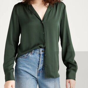 Quince Washable Stretch Silk Notch Collar Blouse Forest Green NWT - Size M